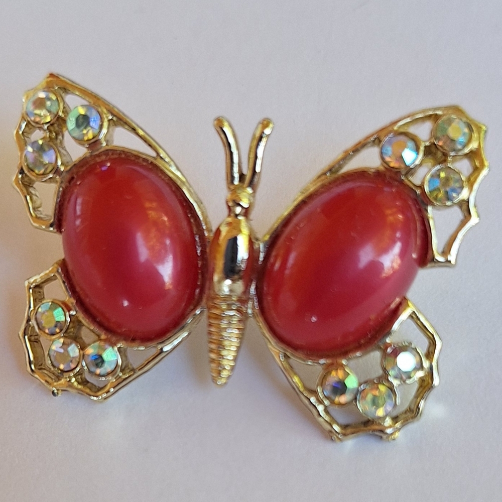 Dainty Gold Red Jelly Belly Style Wings W/ 12 AB "Stones" Butterfly Vintage Pin